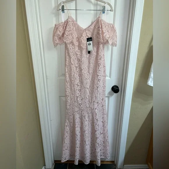 NWT RALPH LAUREN Lace Pink Rose Flutter V Neck Full-Length Evening Dress Size 2 - Picture 4 of 12